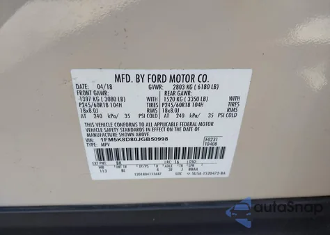 2018 Ford Explorer Xlt z USA, uszkodzony, nr VIN 1FM5K8D80JGB50998